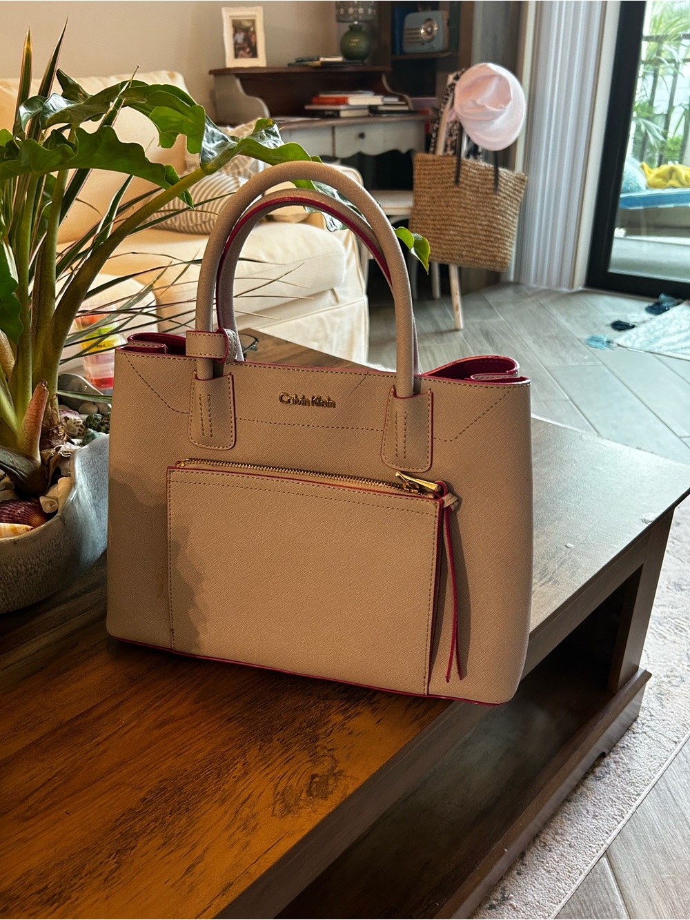 Calvin Klein Beige Tote with Pink Trim